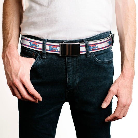 Close-up detail of the Tune Squad logo and striped pattern on the belt webbing.