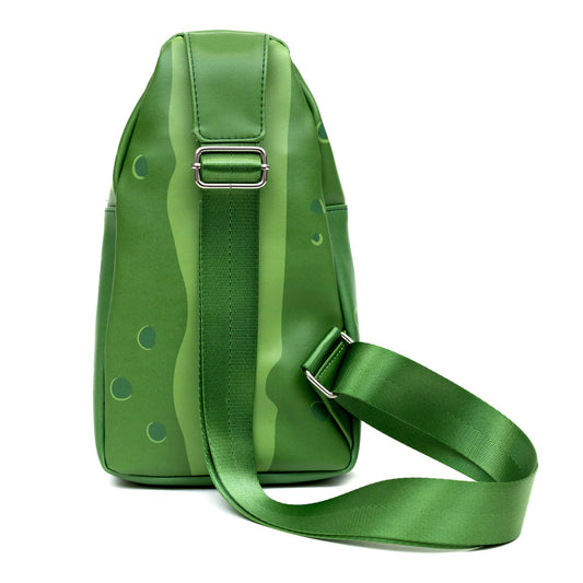 Close-up of the Pickle Rick facial expressions on the green vegan leather material