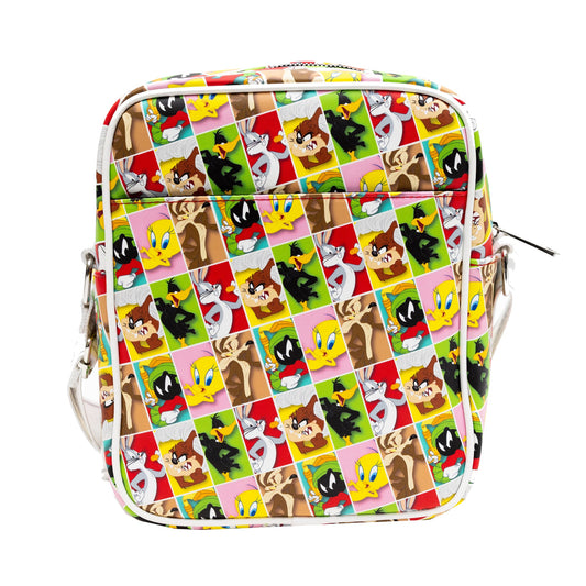 Back view of the vegan leather bag featuring character block poses of Bugs Bunny, Daffy Duck, and Taz.
