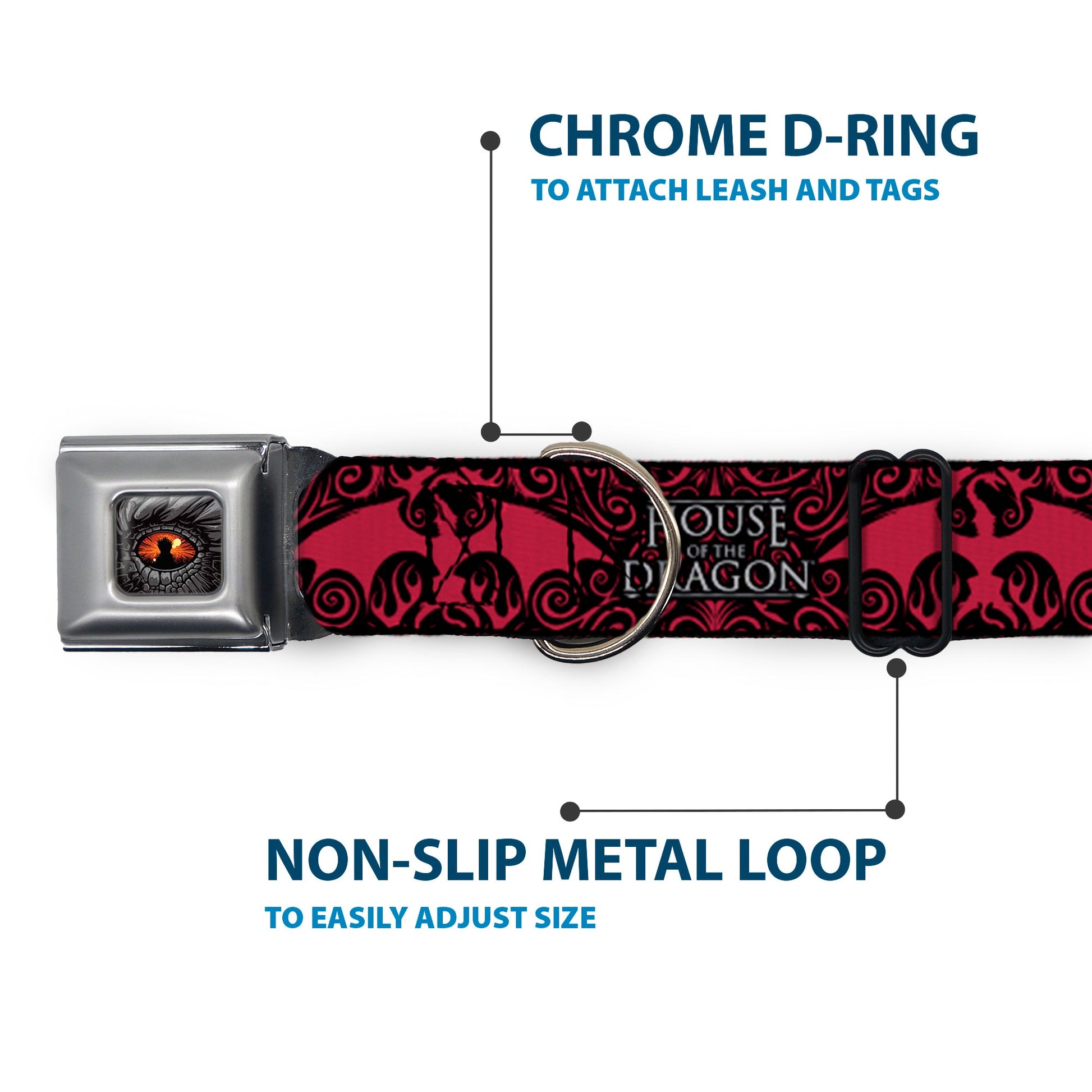 The pet collar laid flat showing the full repeating throne and eye design
