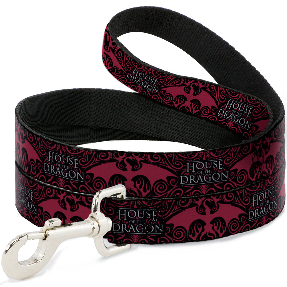 House of the Dragon leash with red dragon sigils on black nylon