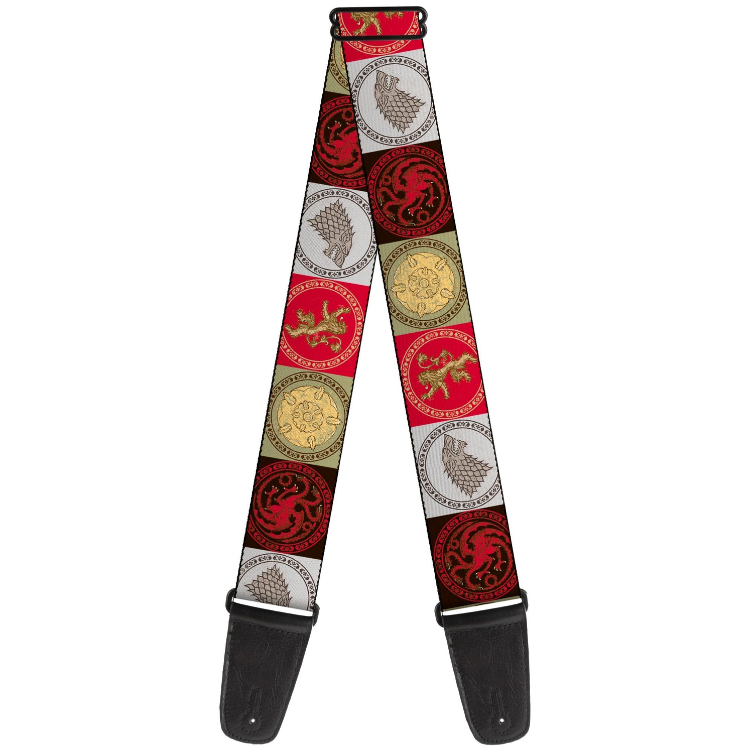 A patterned guitar strap with Game of Thrones house sigils including Stark, Targaryen, Lannister, and Baratheon.