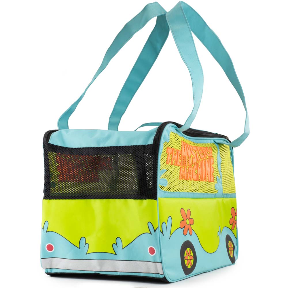 Side view of the Mystery Machine pet carrier with mesh ventilation window