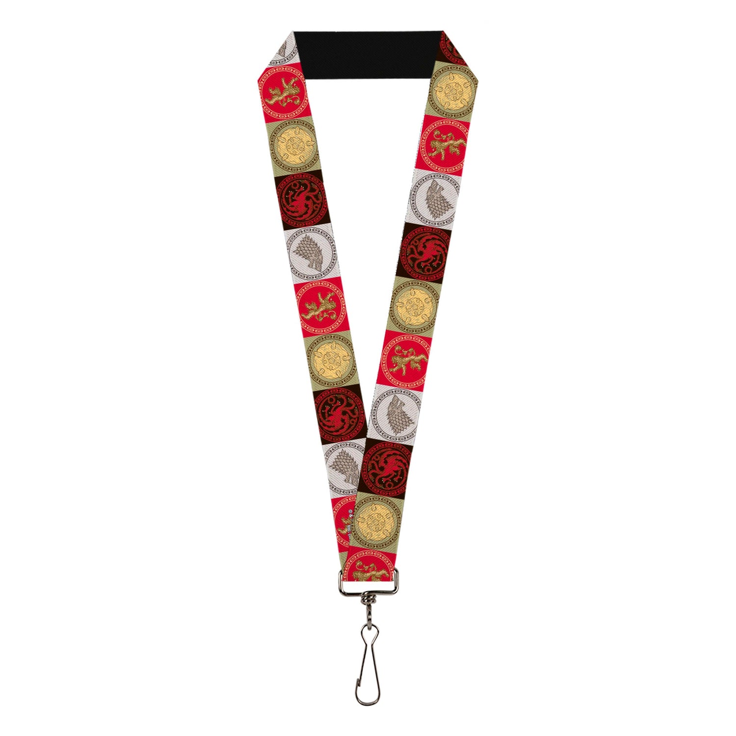 A colorful lanyard featuring Game of Thrones house sigils like Targaryen, Stark, Lannister, and Tyrell, with a black neckband