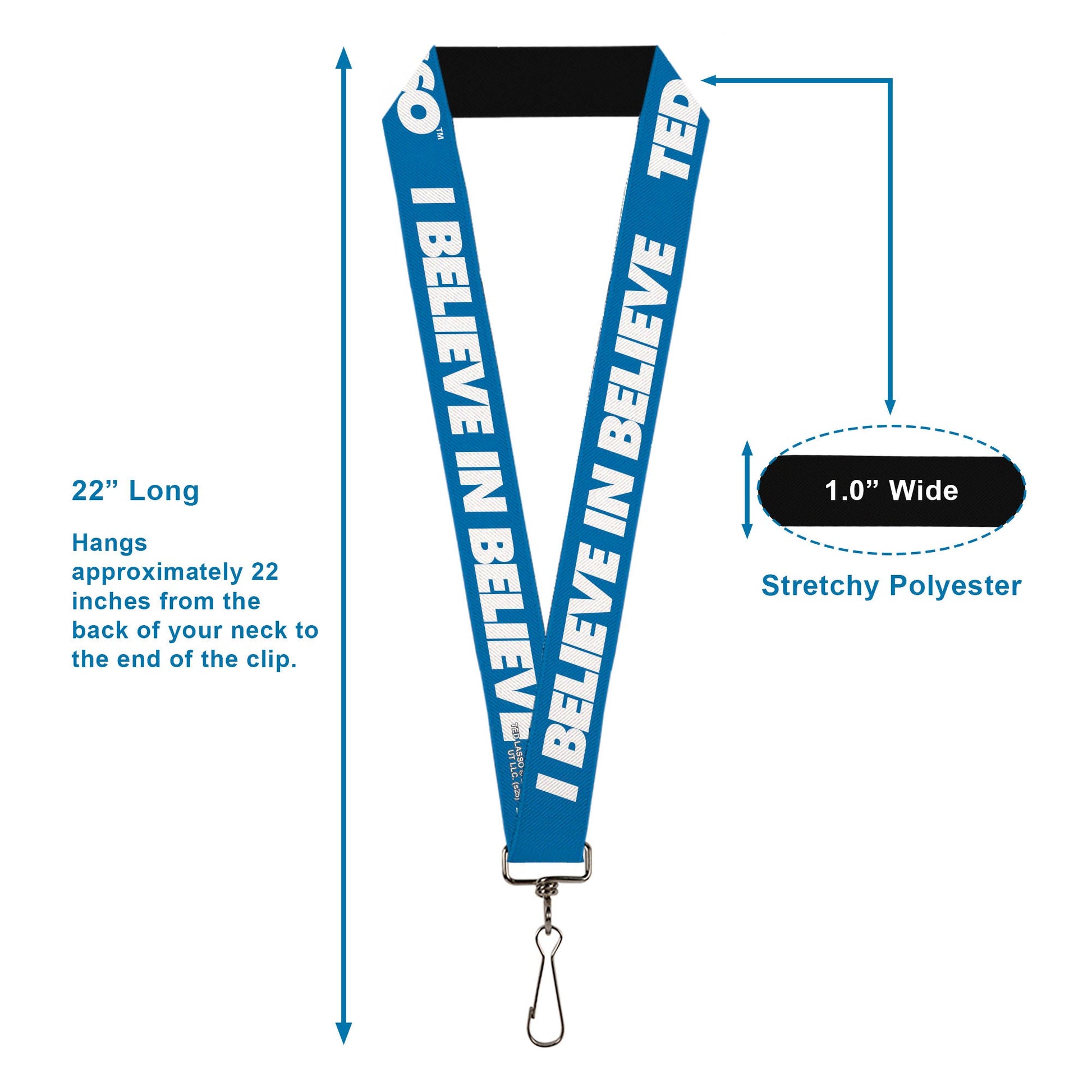 Detail of the I Believe in Believe white text on blue polyester webbing