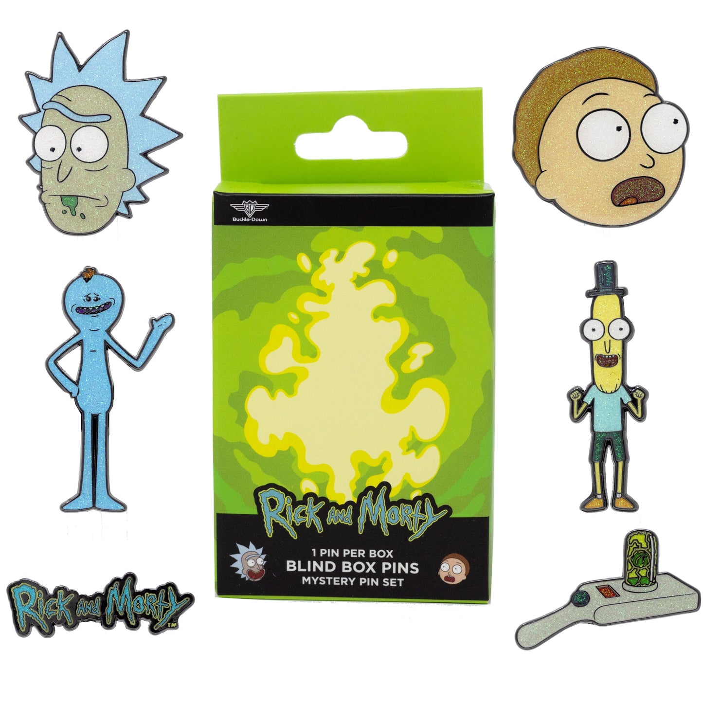 Close up of Mr. Poopybutthole and Mr. Meeseeks enamel pins from the mystery series