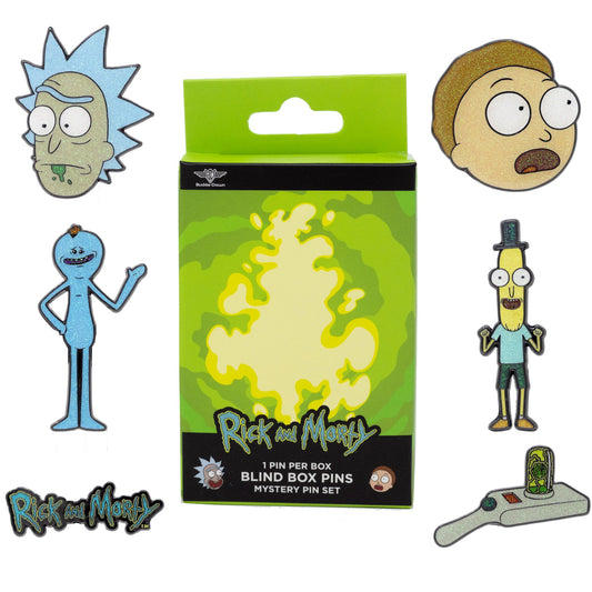 Close up of Mr. Poopybutthole and Mr. Meeseeks enamel pins from the mystery series