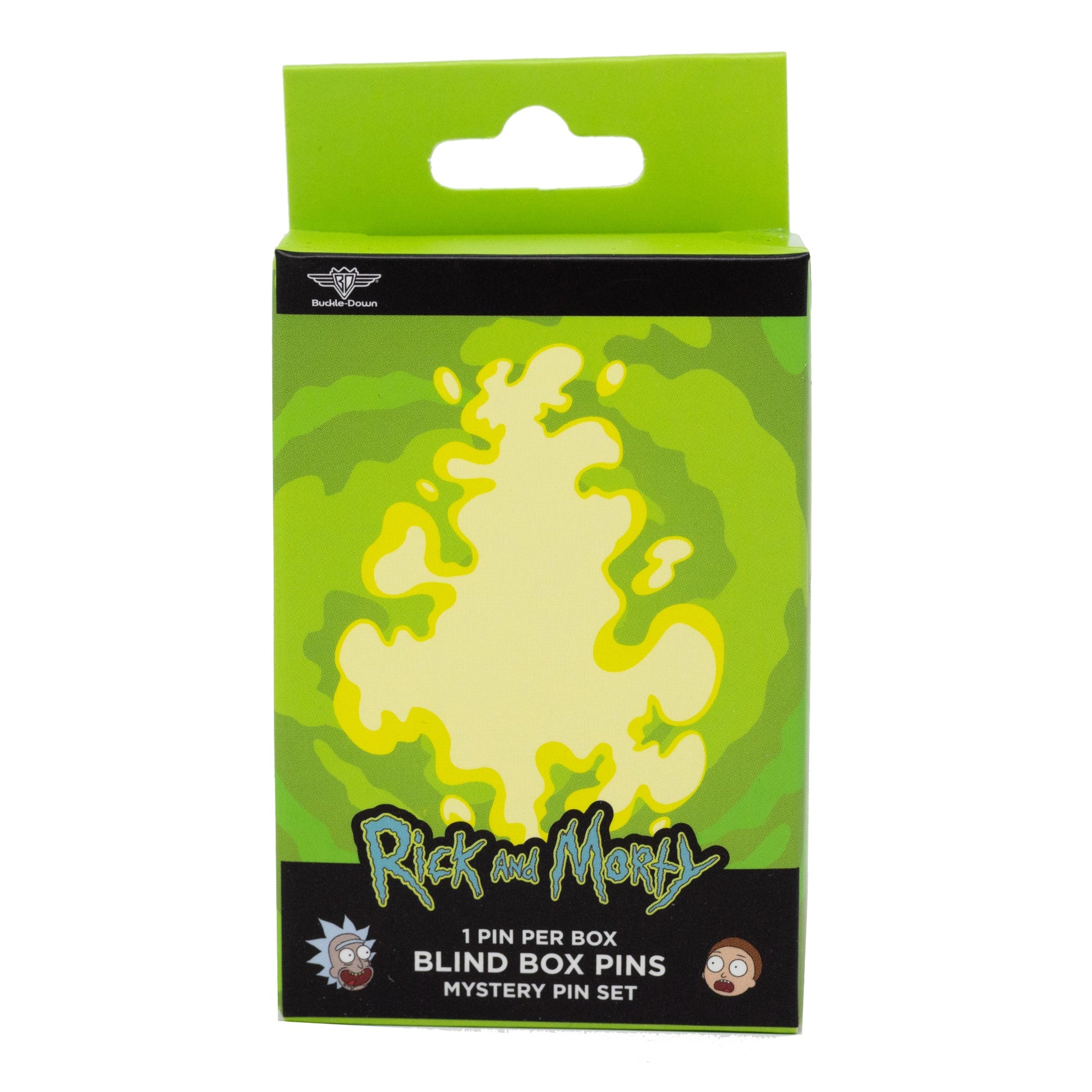 Rick and Morty Portal Gun and Title Logo enamel pins displayed on a jacket
