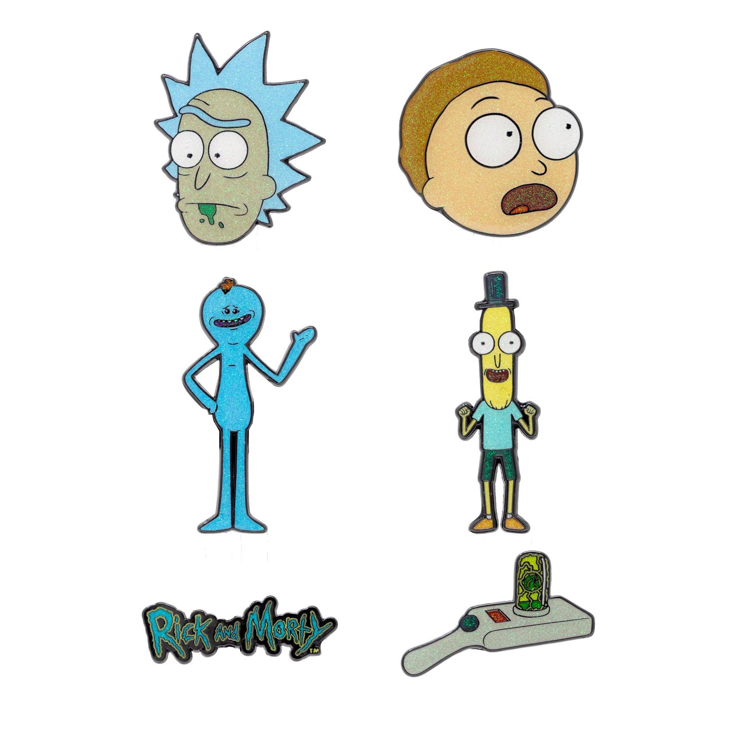 Rick and Morty Mystery Enamel Pin Blind Box Series packaging and assorted character pins