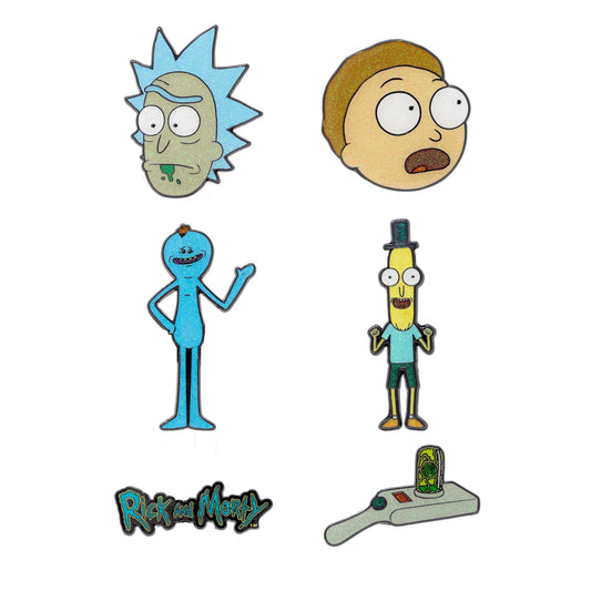 Rick and Morty Mystery Enamel Pin Blind Box Series packaging and assorted character pins