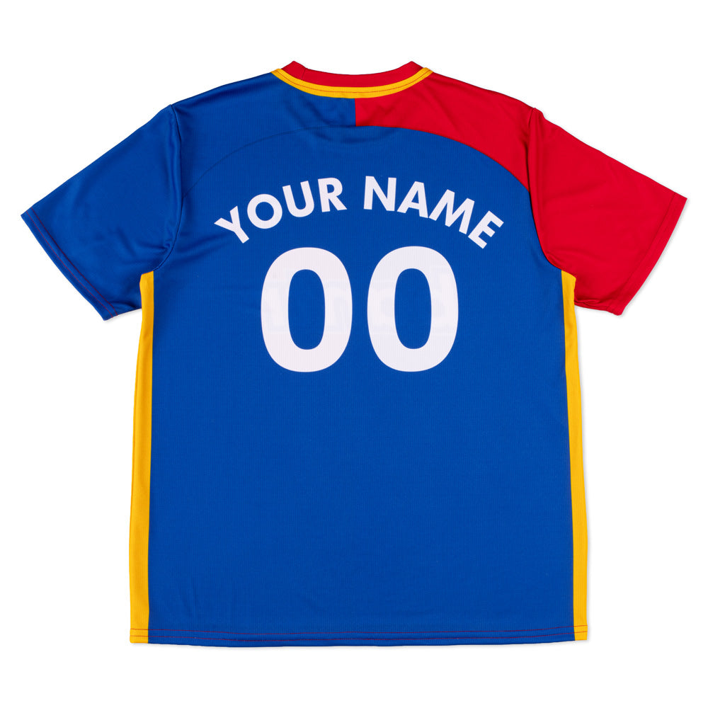 Front view of the blue and red A.F.C. Richmond Season 3 personalized jersey.