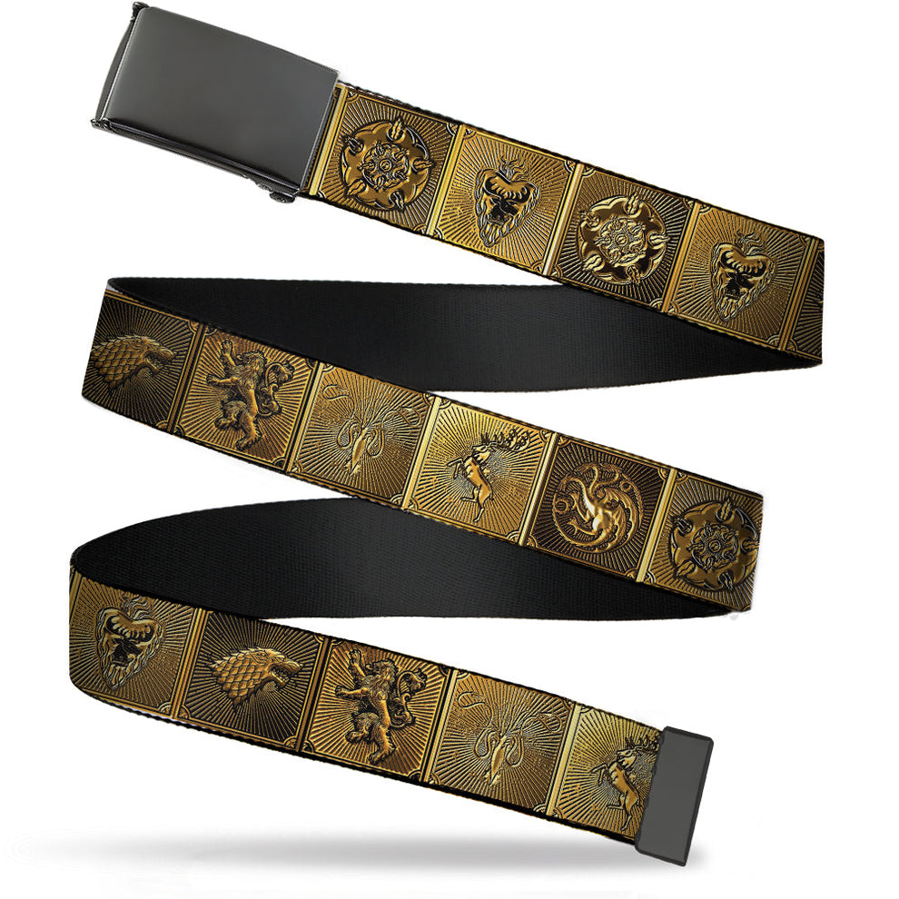 Black web belt with continuous gold rectangular plates, each embossed with a unique emblem. Features a dark gray buckle and t
