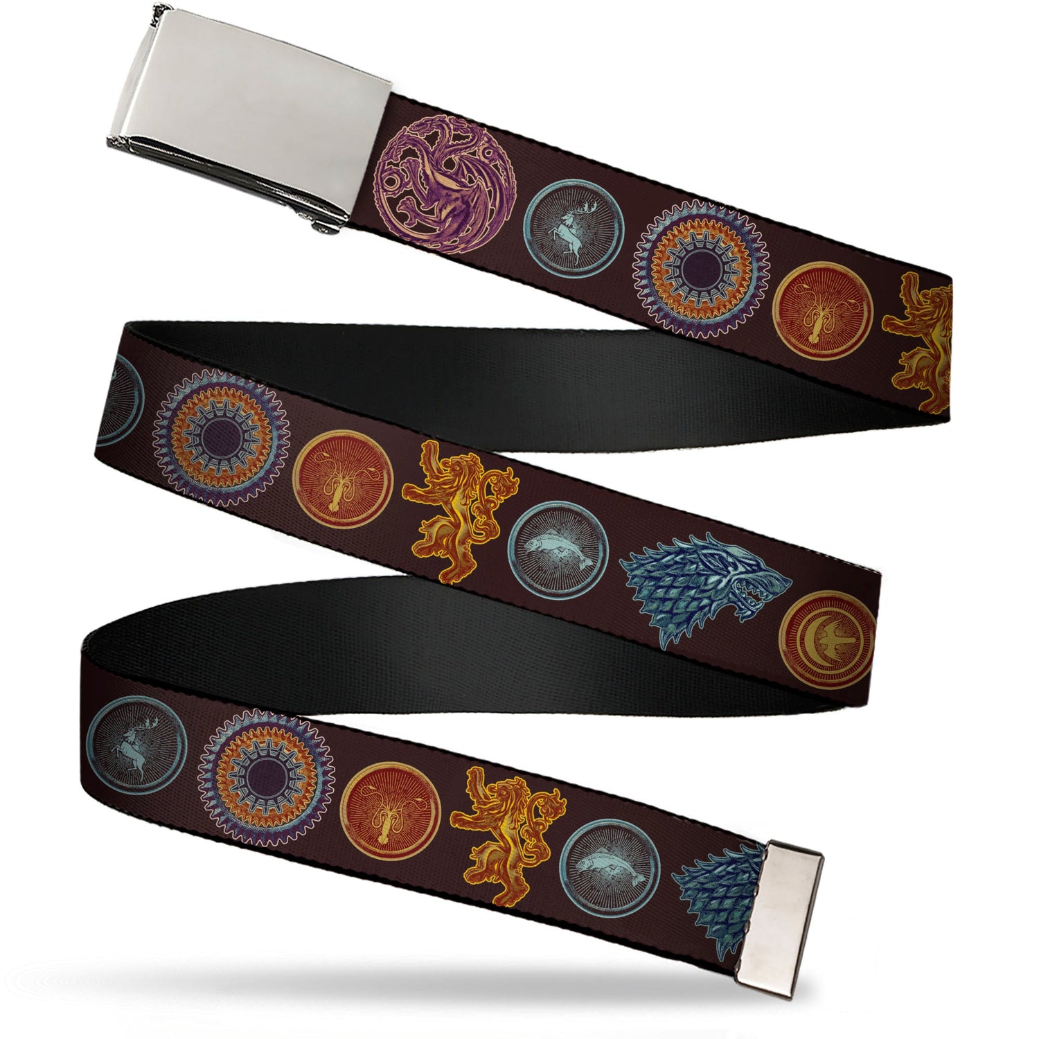 Brown zigzag belt with silver buckle, displaying Game of Thrones house sigils: dragon, stag, kraken, lion, fish, wolf.