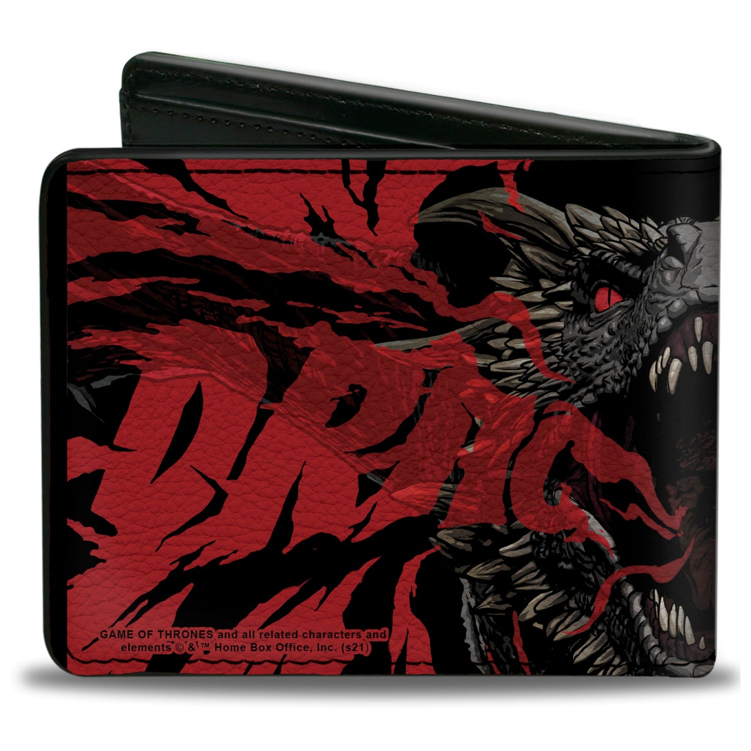 Black bi-fold wallet with a red-eyed dragon head and torn red 