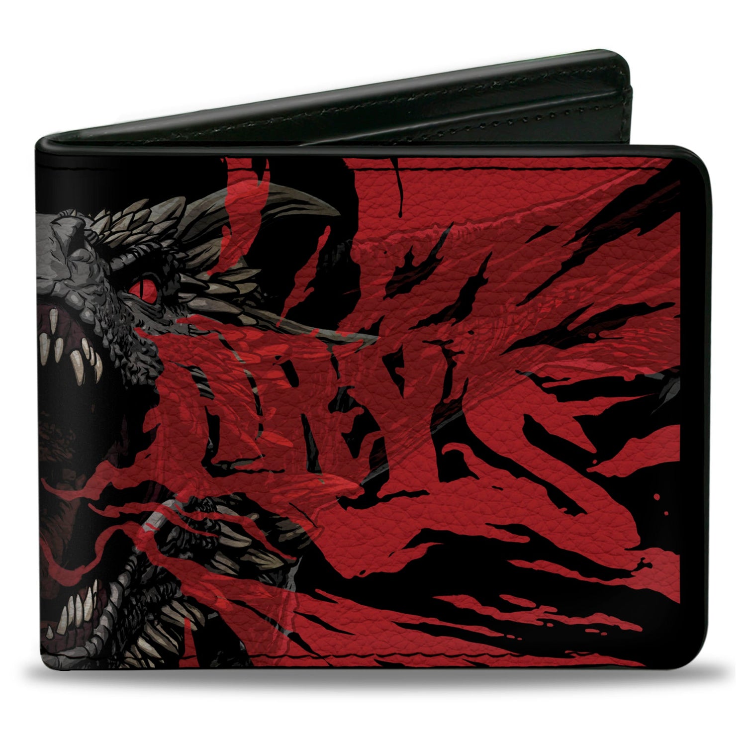 Black wallet with a gray dragon's head, red eyes, and red flames on a black background. The word 'DRAGON' is subtly visible.