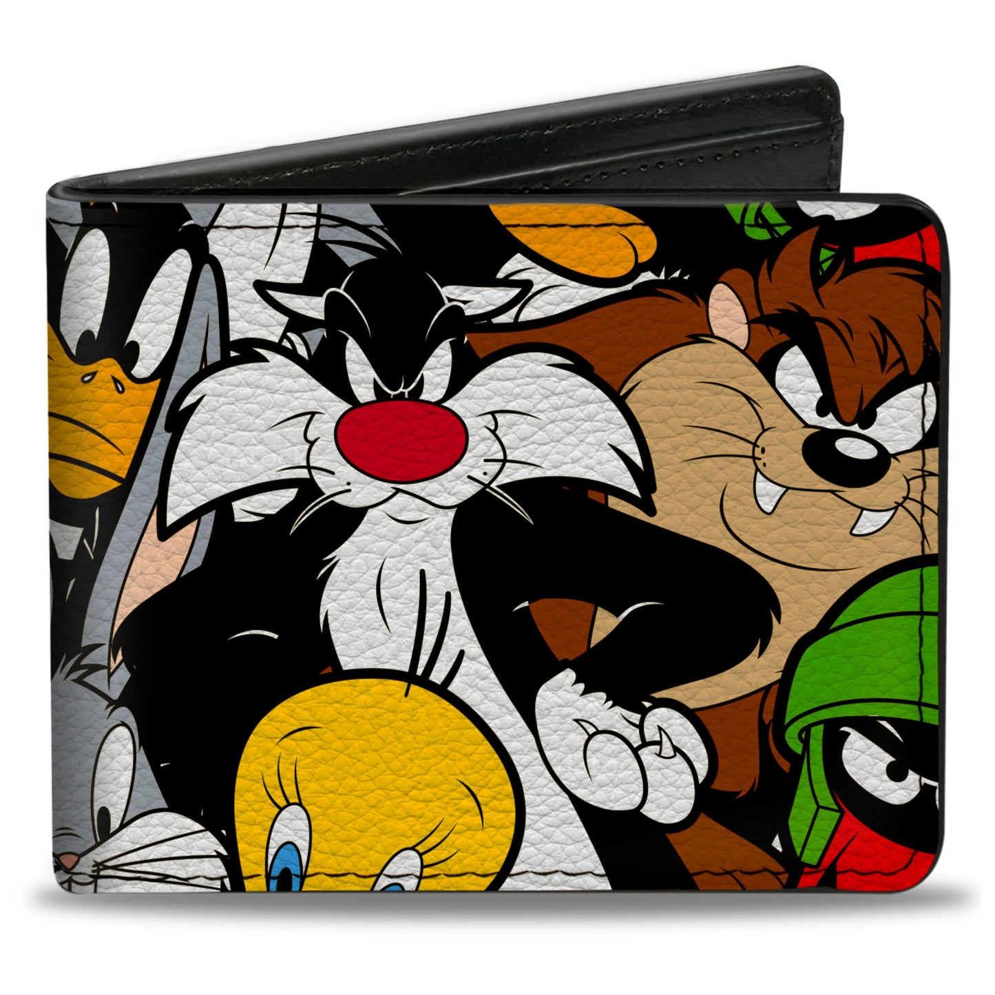 Looney Tunes bi-fold wallet featuring a colorful stacked collage of Bugs Bunny, Daffy Duck, Taz, Sylvester, Tweety, and Marvin the Martian.