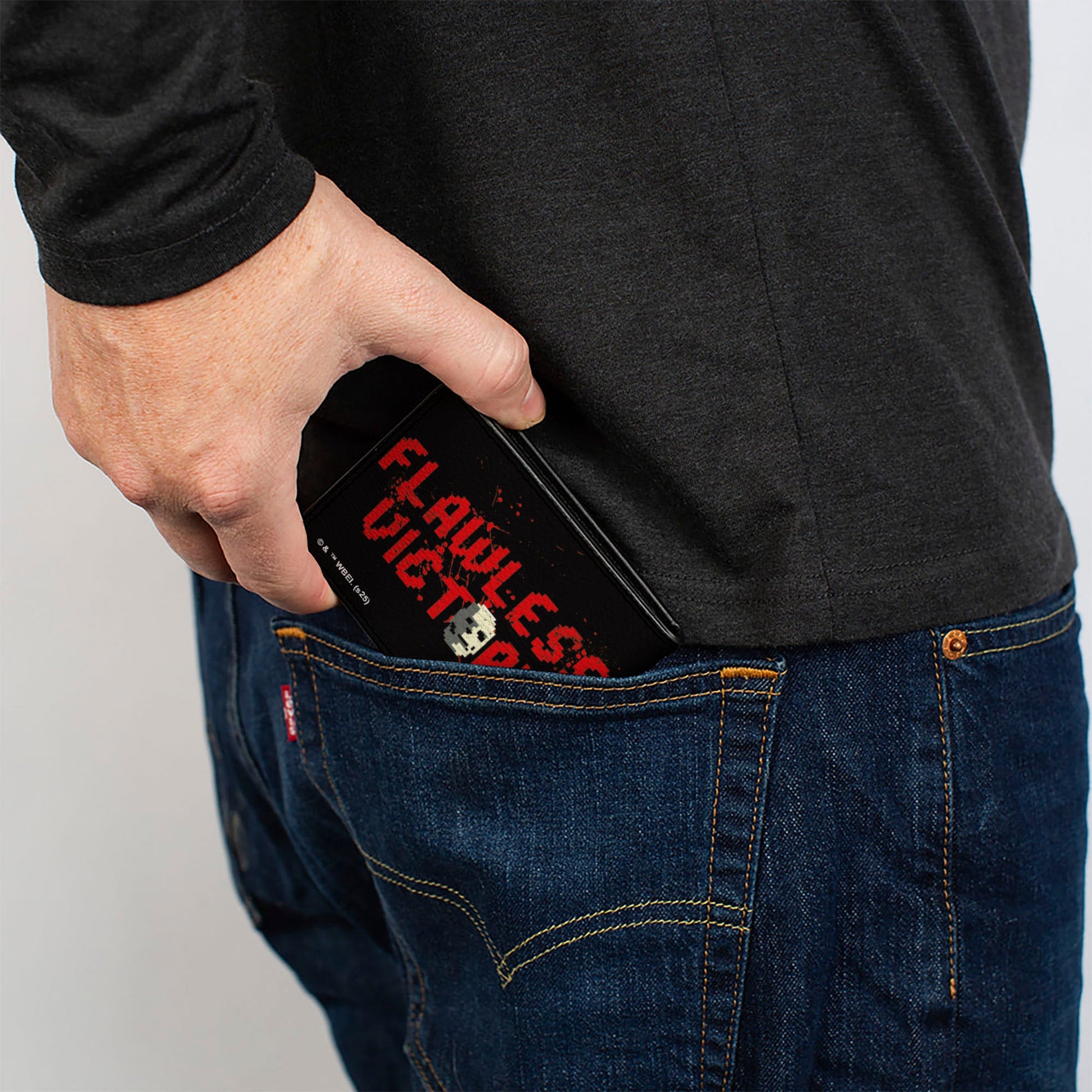 Side profile of the slim Mortal Kombat vegan leather wallet