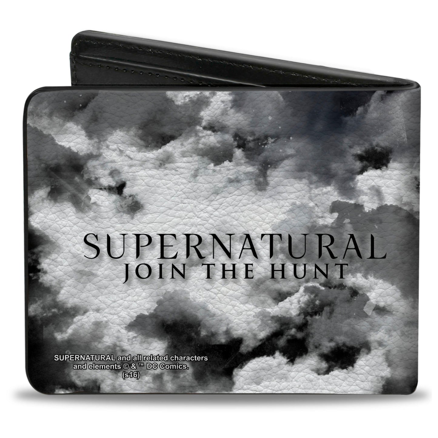 Close-up of the Join the Hunt logo and cloudy grey background on the Supernatural wallet.