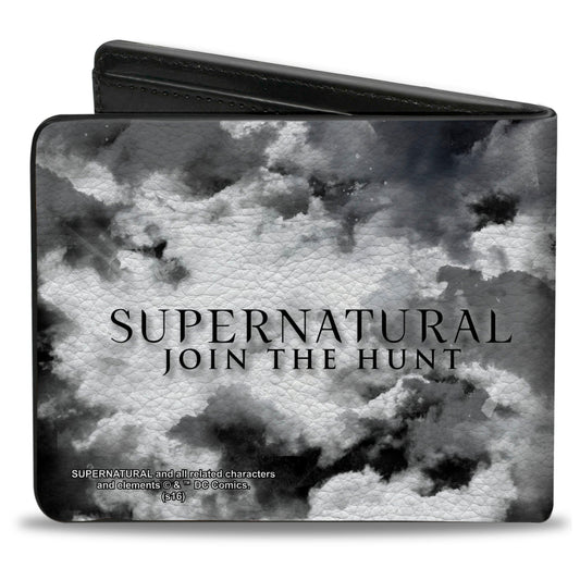 Close-up of the Join the Hunt logo and cloudy grey background on the Supernatural wallet.