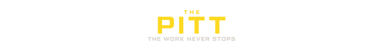 Logo of The Pitt with yellow text on a white background