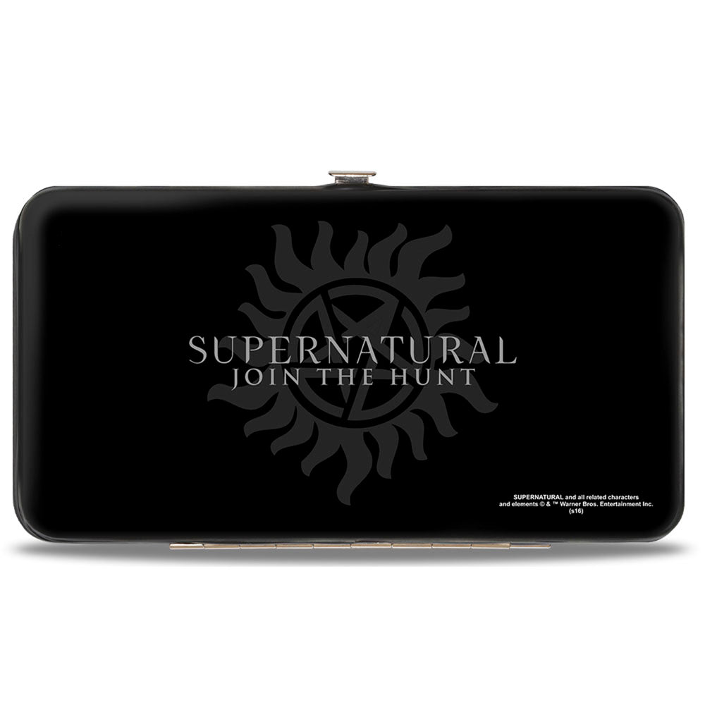 Interior view of Supernatural hinged wallet showing card slots and ID window