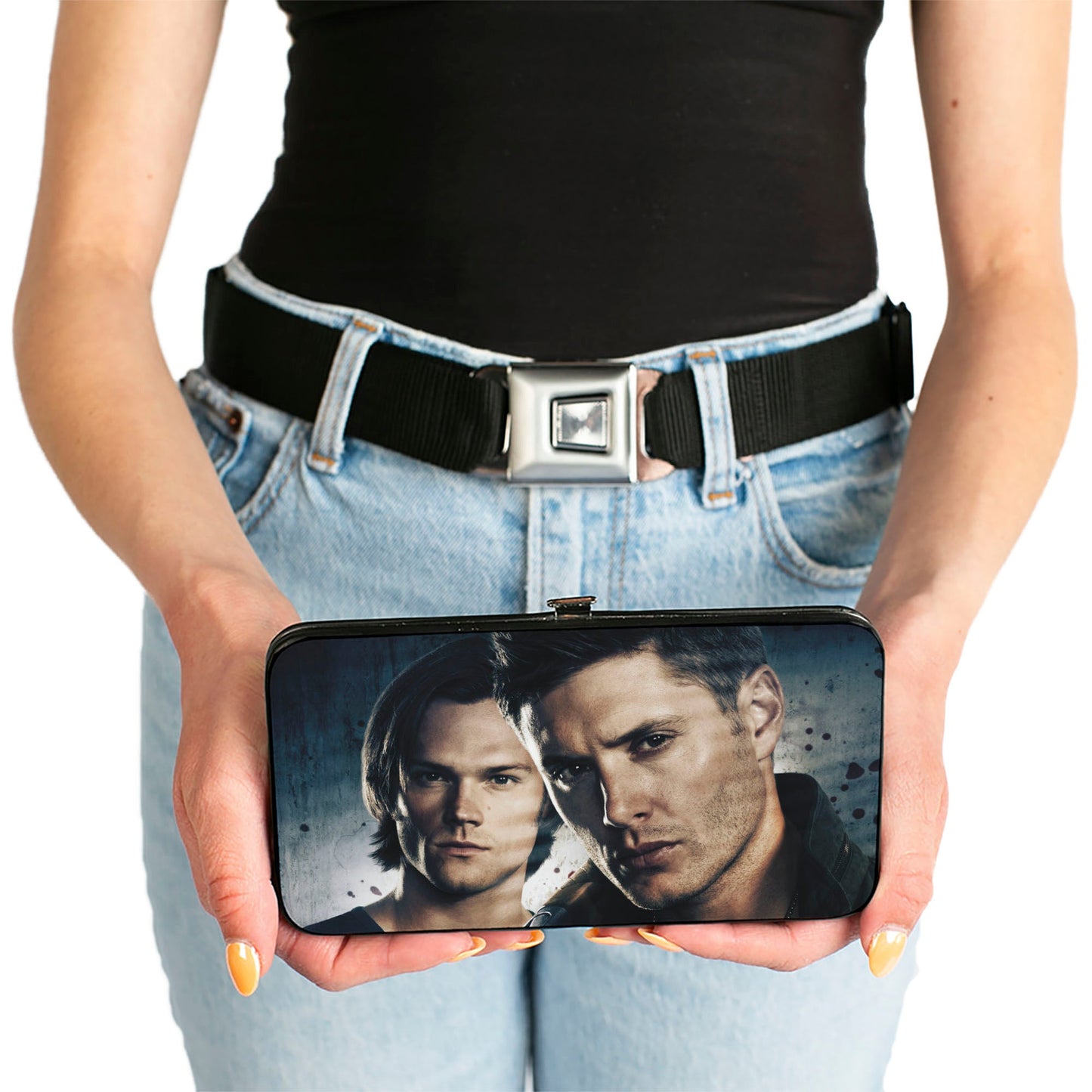 Close-up of the steel hinge and snap closure on Supernatural wallet