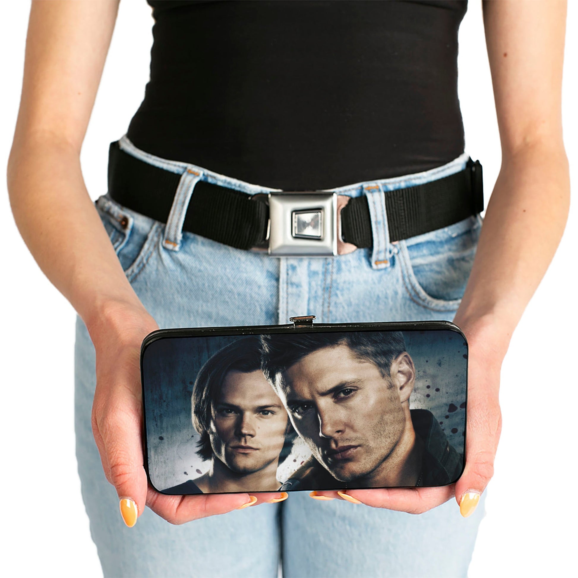 Close-up of the steel hinge and snap closure on Supernatural wallet