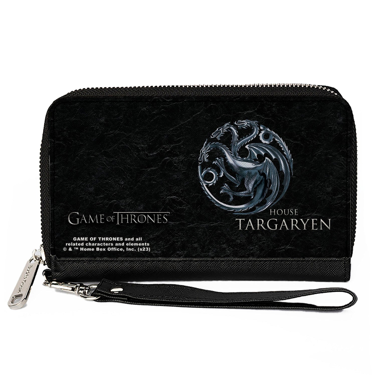 Black zippered wallet featuring the Game of Thrones House Targaryen three-headed dragon sigil and a wrist strap.