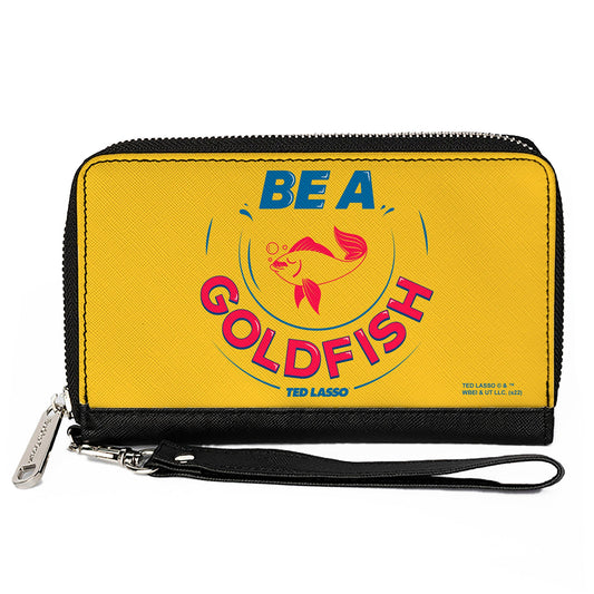Front view of Ted Lasso Be a Goldfish wallet in yellow