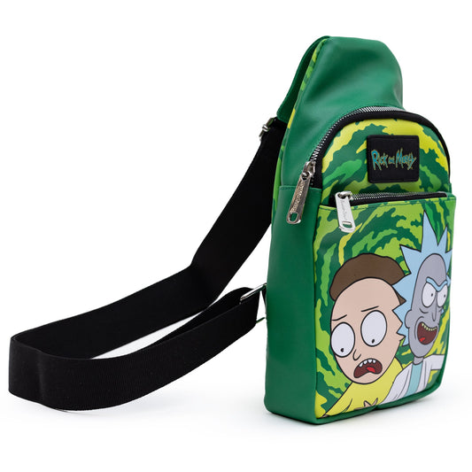 Close up of Rick and Morty jumping through a green portal on a sling bag