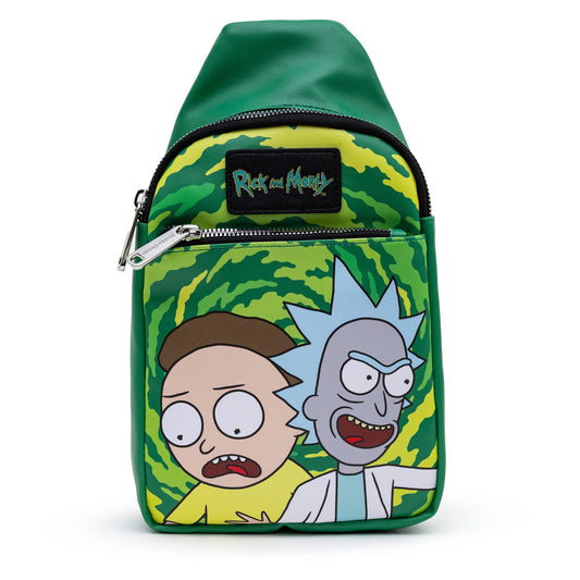 Rick and Morty Get Schwifty Portal Pose Vegan Leather Sling Bag front view