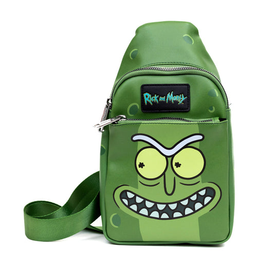 Rick and Morty Pickle Rick Expression Greens Sling Bag front view showing character print