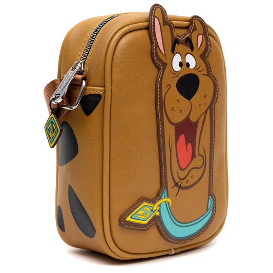 Close up of Scooby-Doo face design on brown vegan leather bag