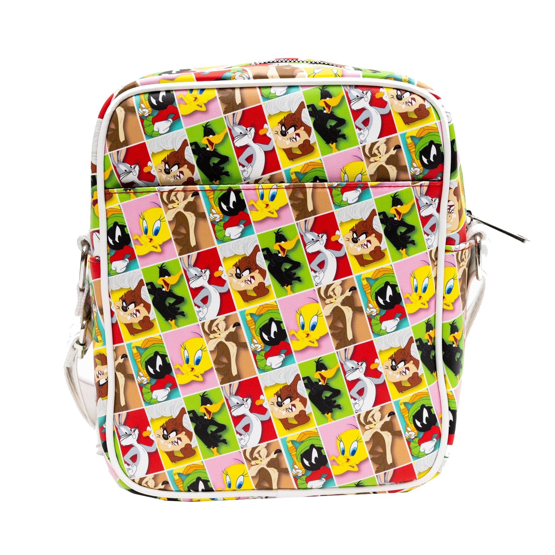 Back view of the vegan leather bag featuring character block poses of Bugs Bunny, Daffy Duck, and Taz.