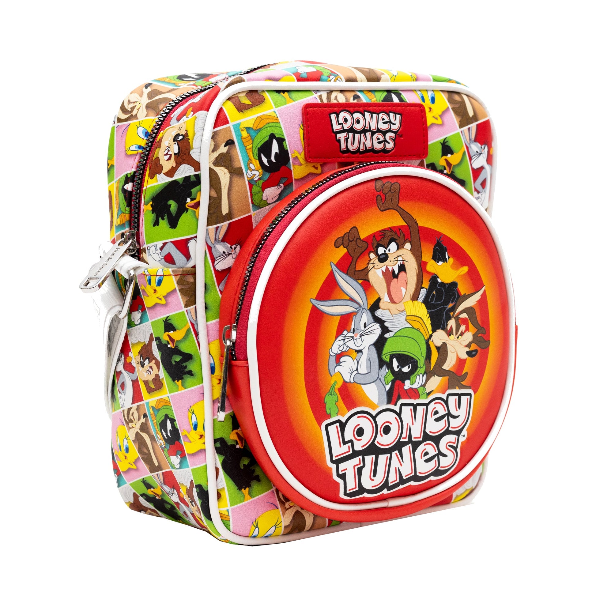 Close-up of the Looney Tunes crossbody bag highlighting the front zip pocket and adjustable strap.