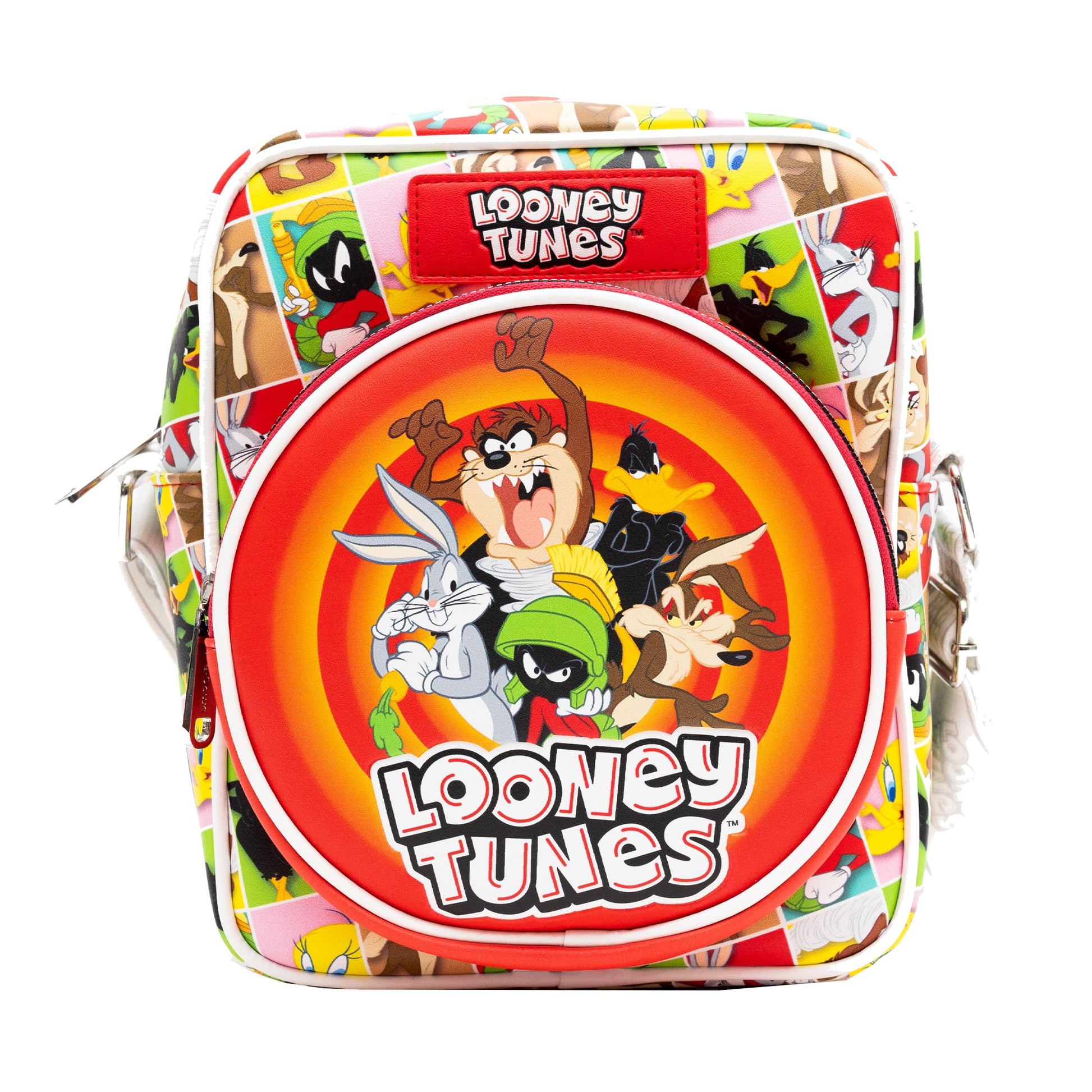Front view of Looney Tunes crossbody bag showing the classic red bullseye group pose design.