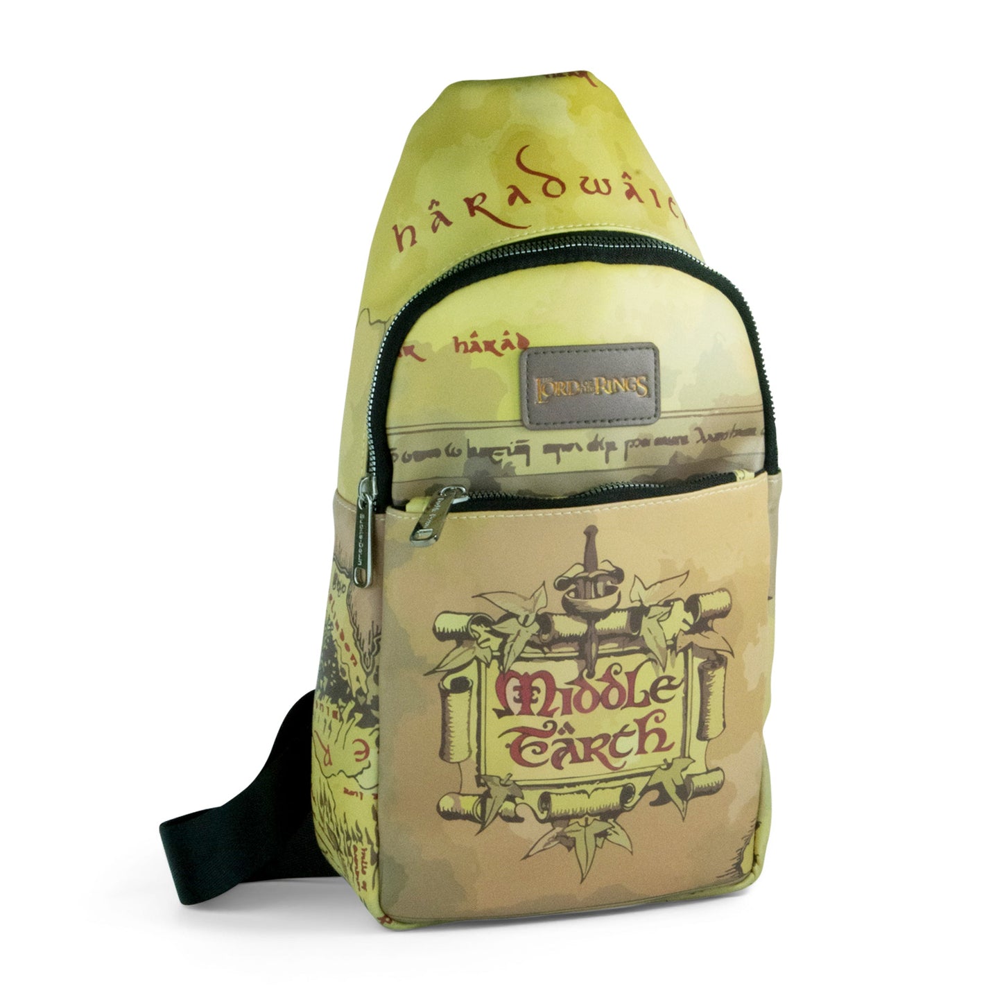 Front view of The Lord of the Rings Middle Earth Map Crossbody Sling Bag in tan.