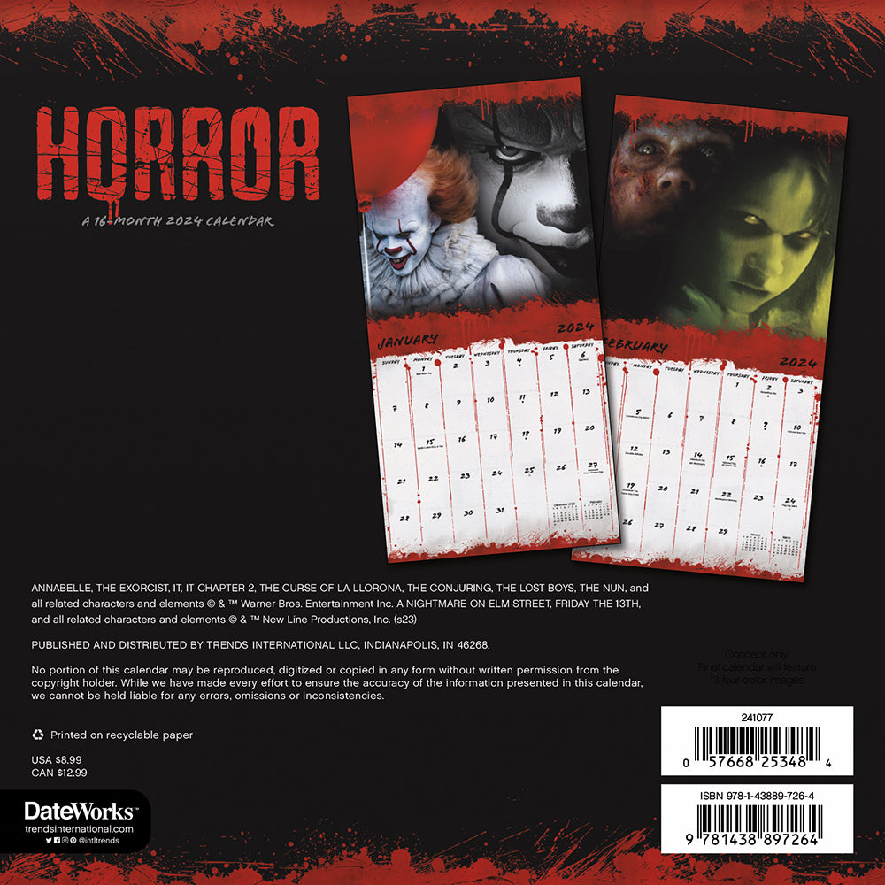 Horror 16-Month 2024 Wall Calendar
